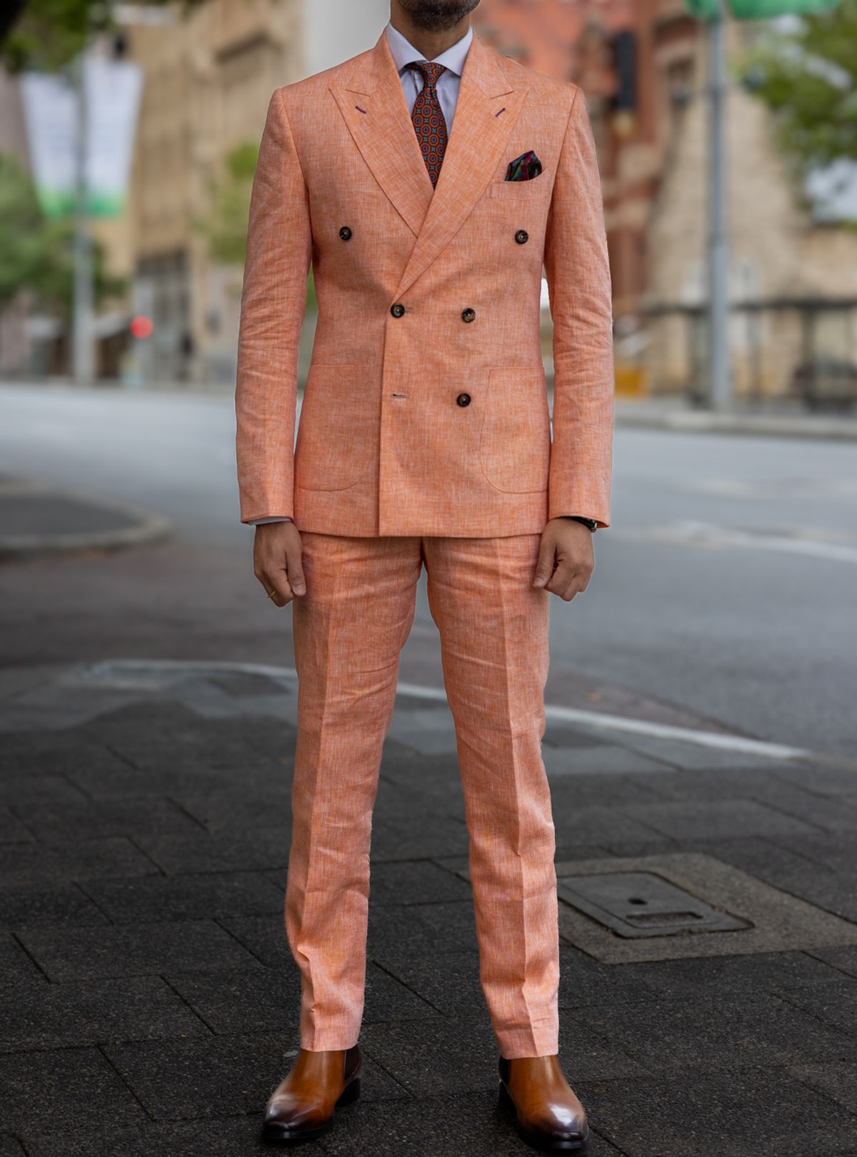 Peach Orange Linen Two Piece Suit