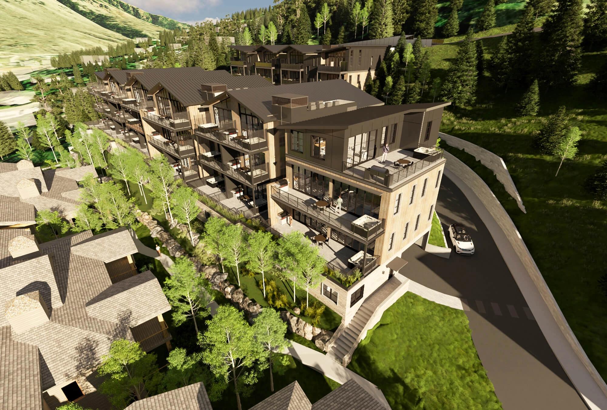 Aerial view of Cadence Jackson Hole development with mountain contemporary architecture