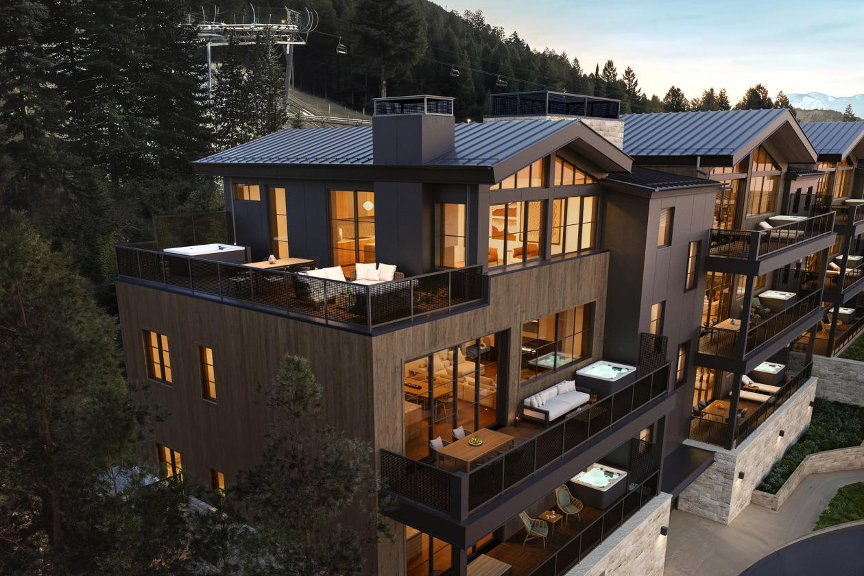 Aerial view of Cadence Jackson Hole development with mountain contemporary architecture