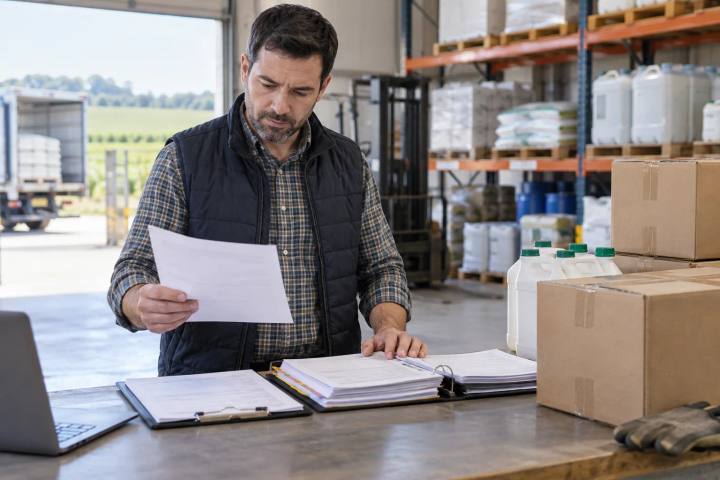 Distribuidor verificando documentos de remessa em branco, arquivos de segurança e caixas de produtos lacradas em uma mesa de armazém.