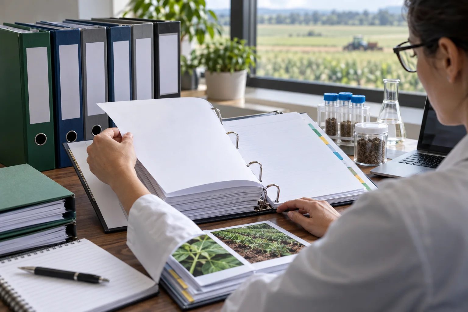 Vista editorial cercana de un revisor abriendo carpetas organizadas de expedientes técnicos en blanco y registros de muestras.