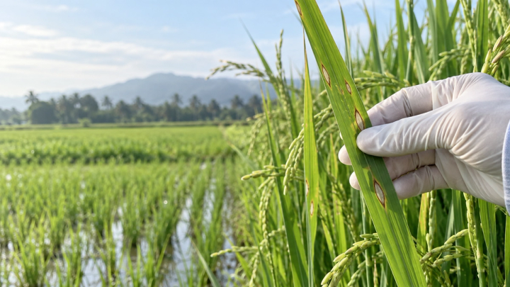 Agrônomo inspecionando folhas de arroz com lesões por explosão em um arrozal verde