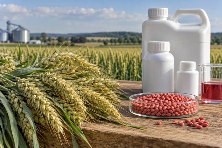 Wheat heads and a seed-treatment sample tray beside unbranded fungicide containers.