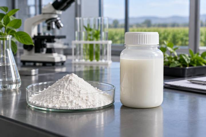 Generic technical powder sample and opaque suspension concentrate bottle side by side in a laboratory.
