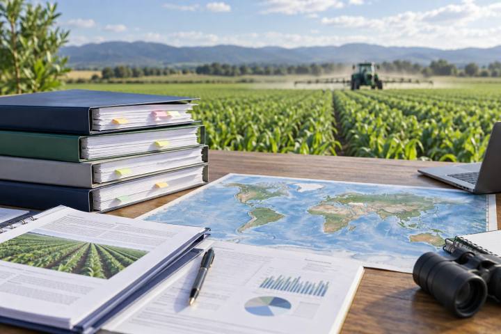 Dossiês de registro genéricos e mapa-múndi sobre uma mesa com imagens de campo agrícola ao fundo.