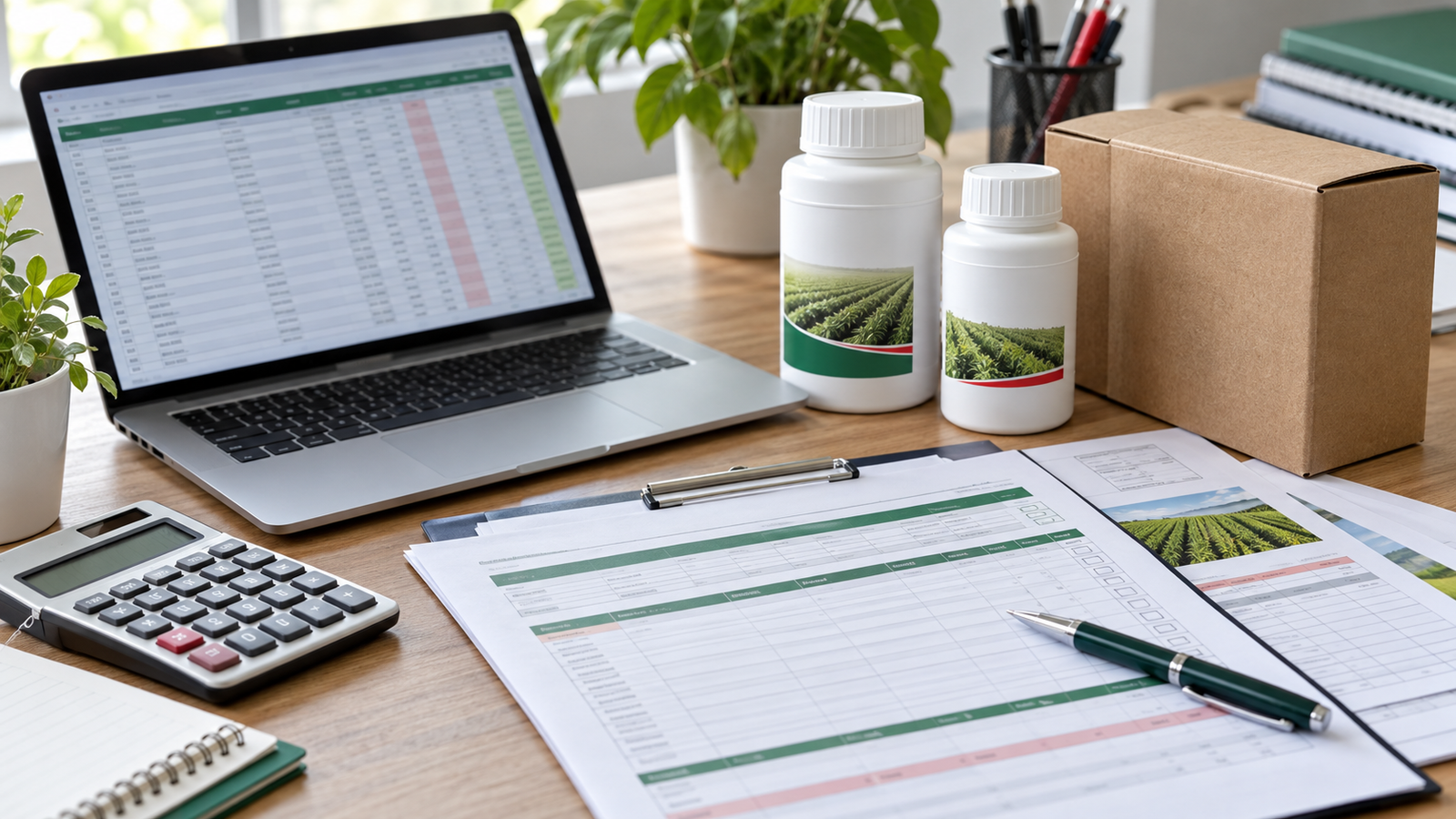 AI illustration of a procurement desk with quotation worksheets and sealed packaging samples