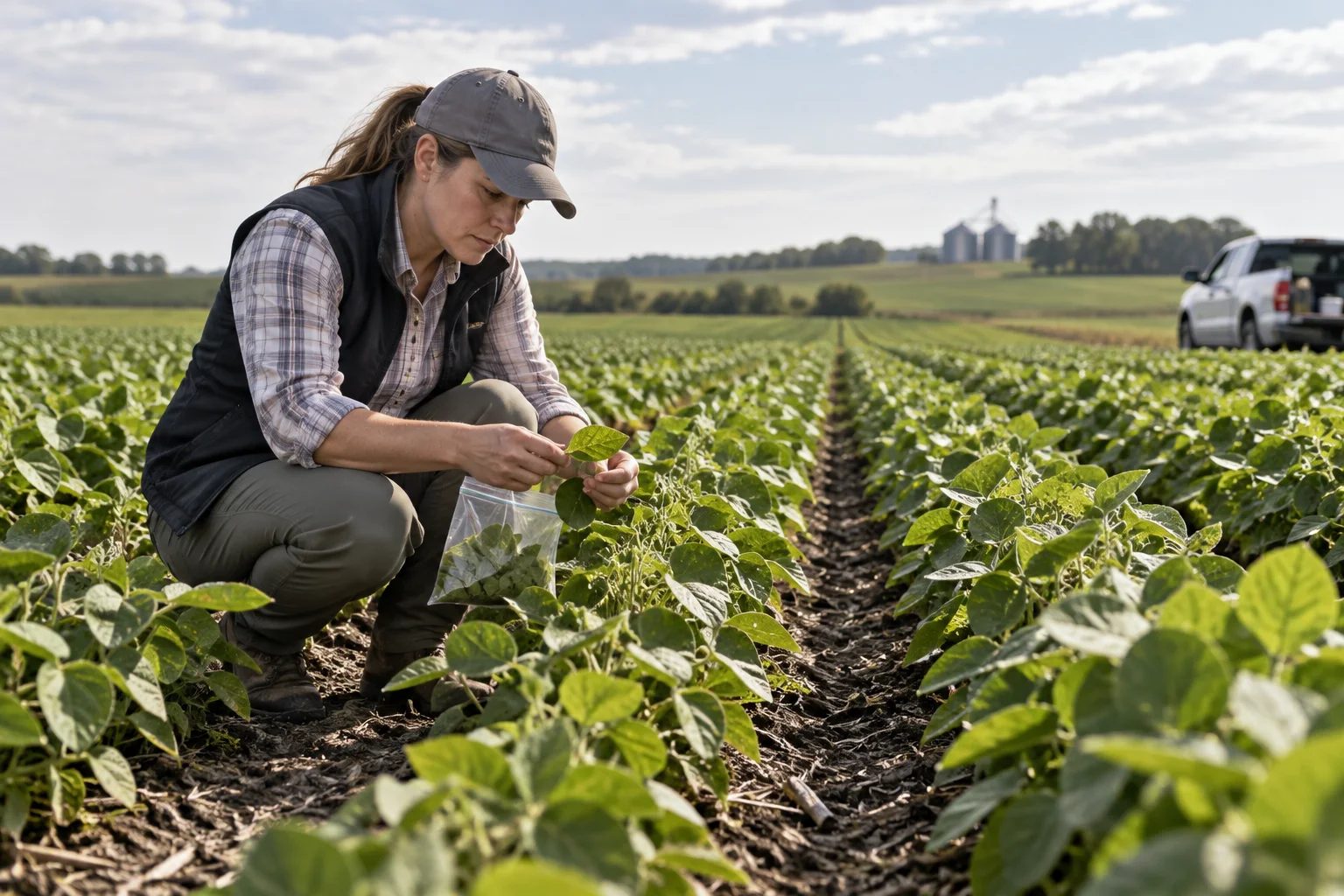 Agrónomo recolectando muestras de hojas de cultivos de diferentes surcos de campo para monitoreo de resistencia.