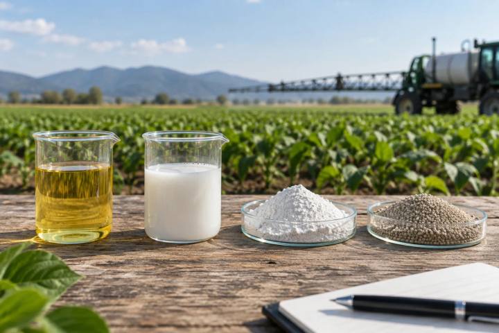 Quatro amostras claramente diferentes de formulações genéricas de pesticidas: EC líquido, SC líquido, WP em pó e grânulos WG.