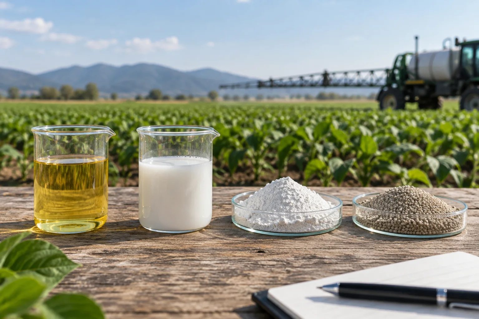 Cuatro muestras claramente diferentes de formulaciones genéricas de pesticidas: líquido EC, líquido SC, polvo WP y gránulos WG.