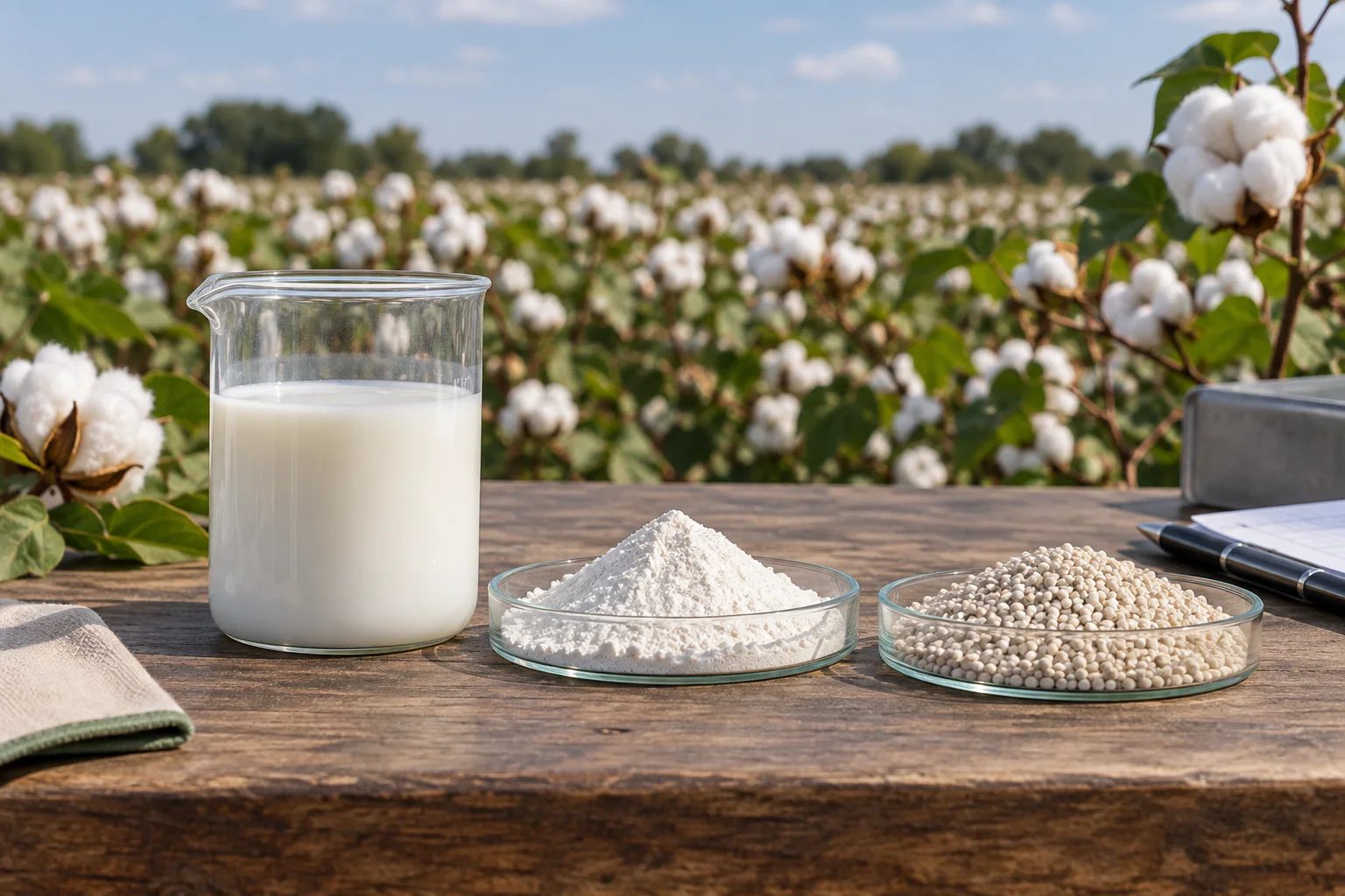 Unbranded SC, WP and WG formulation samples on a bench with a blurred cotton crop behind them.