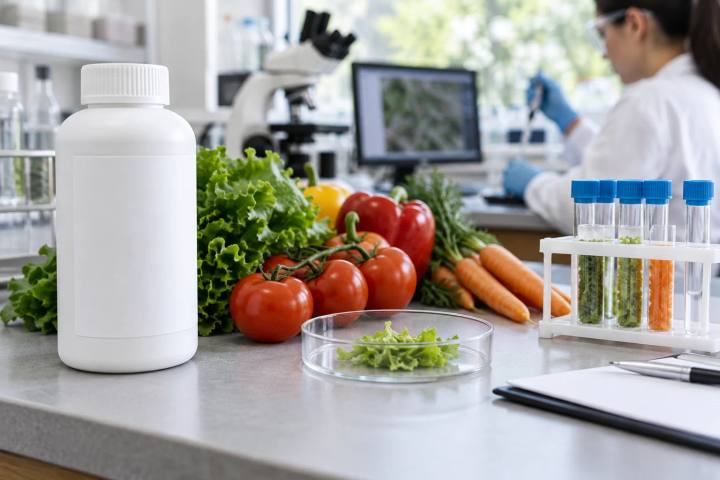 Rótulo de produto simples em branco ao lado de amostras de produtos aguardando análise de resíduos em um laboratório.