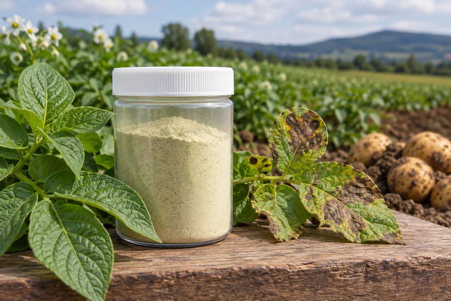 Generic wettable powder sample in a sealed lab container beside healthy and affected potato leaves.