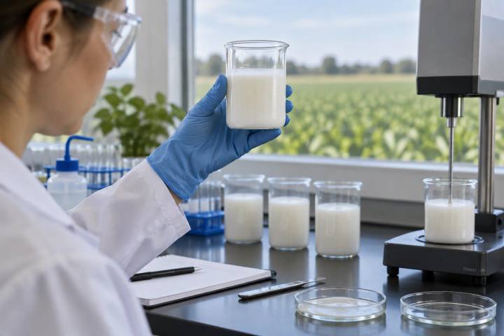 Opaque suspension concentrate sample undergoing laboratory settling and viscosity checks.