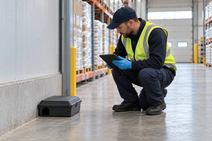 Professional pest-control technician inspecting a closed tamper-resistant bait station in a clean warehouse