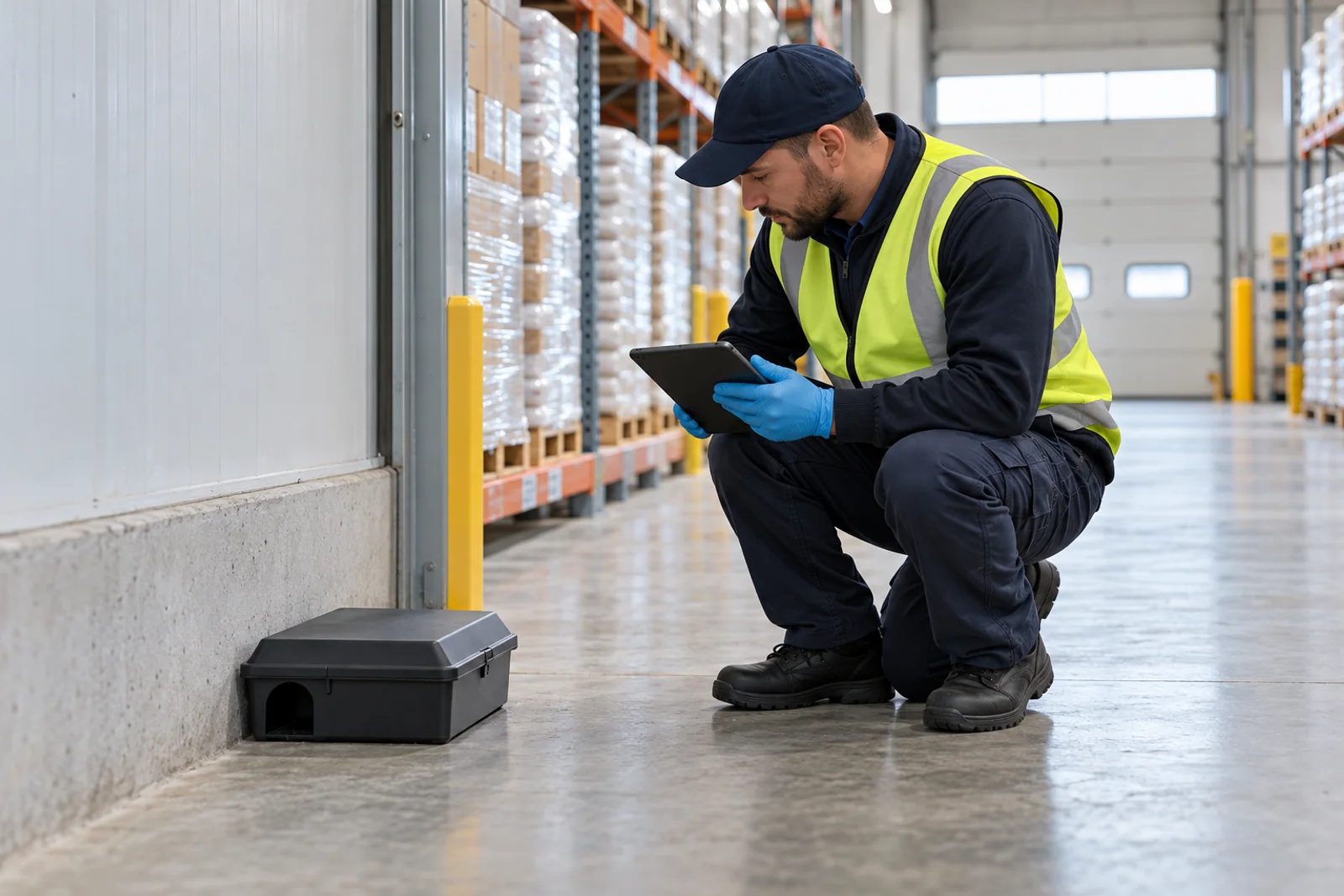 Professional pest-control technician inspecting a closed tamper-resistant bait station in a clean warehouse