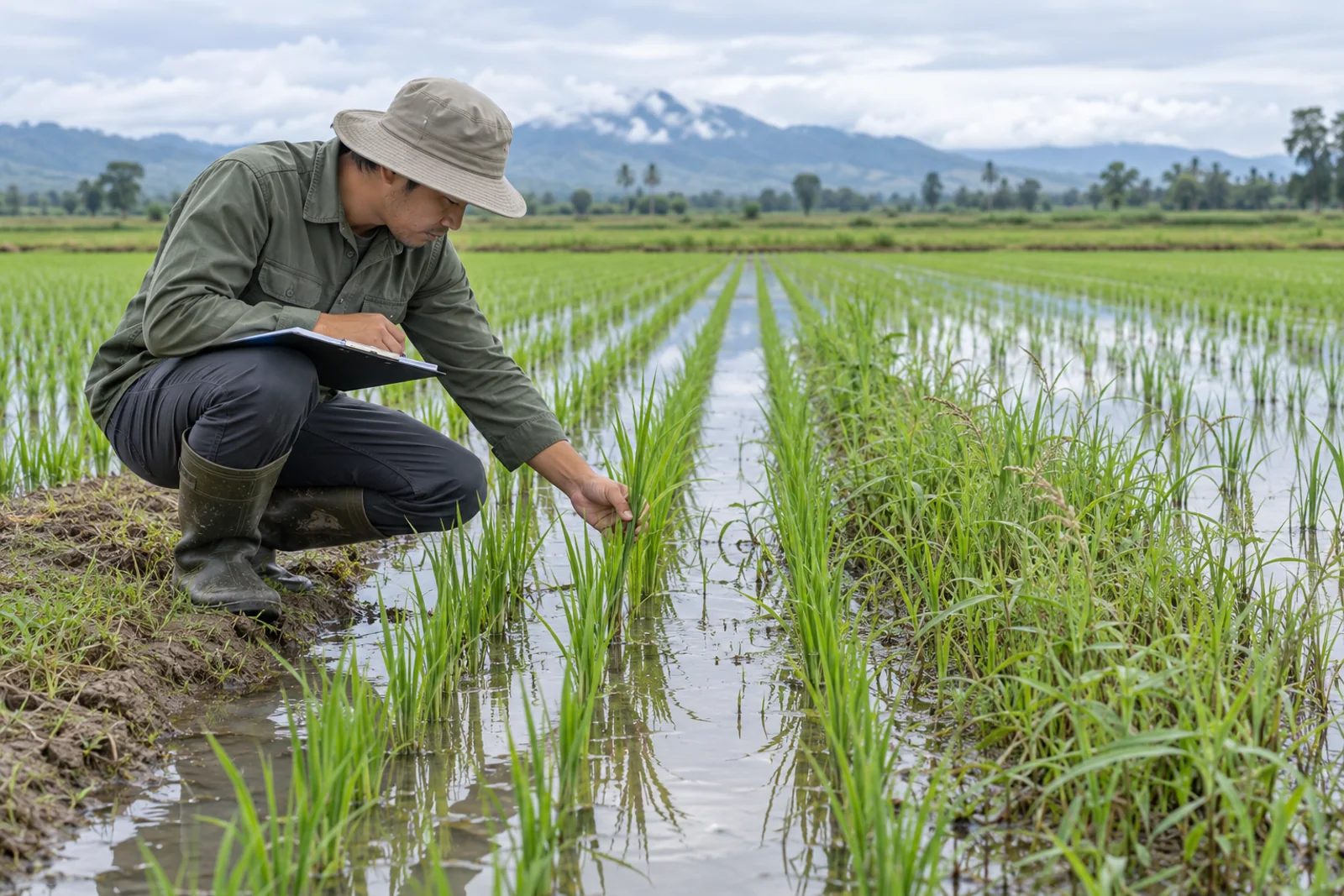 Agronomist distinguishing rice plants from grassy weeds in an irrigated paddy field