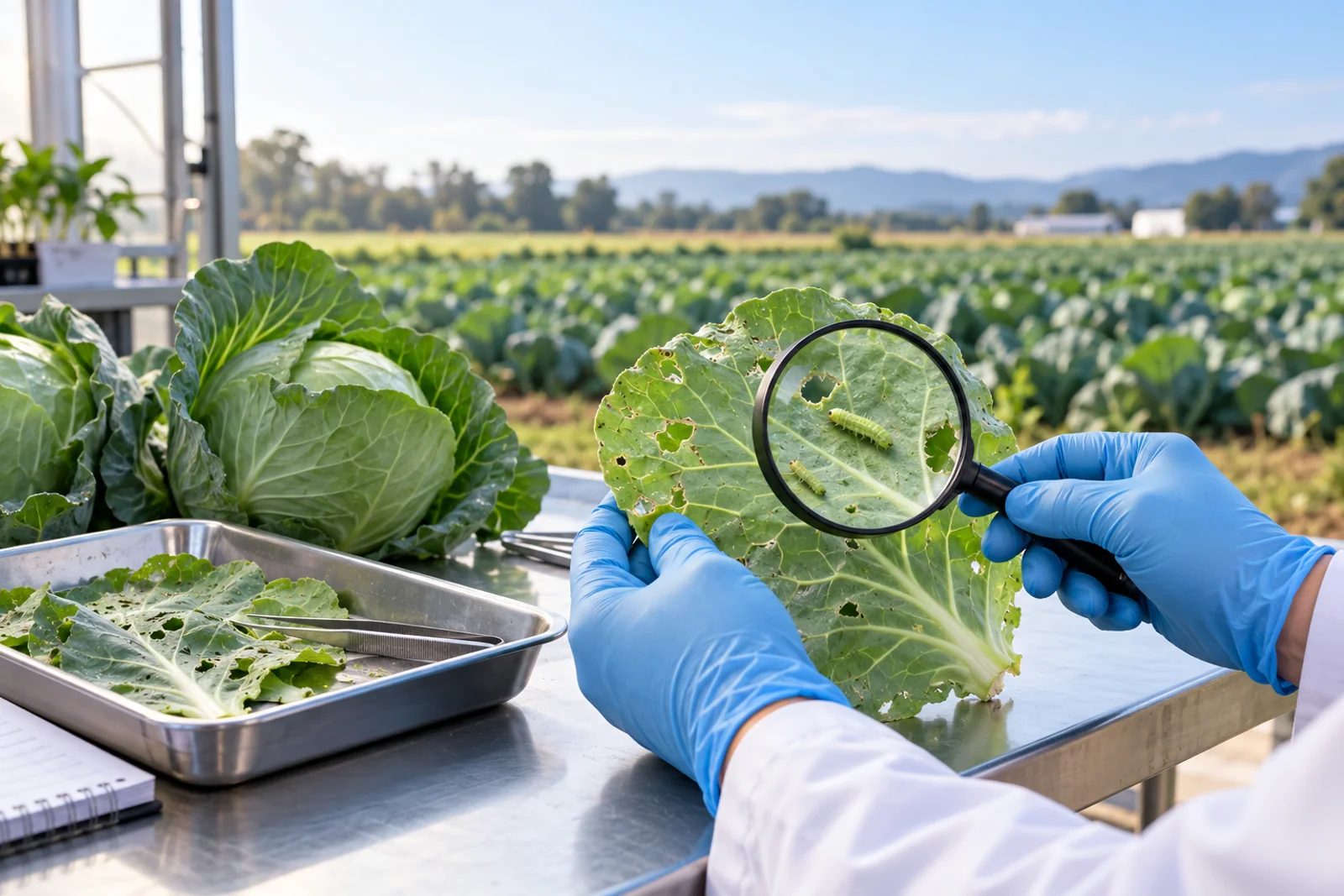 Agronomist examining insect-damaged cabbage leaves and larvae with a magnifying lens beside a brassica field
