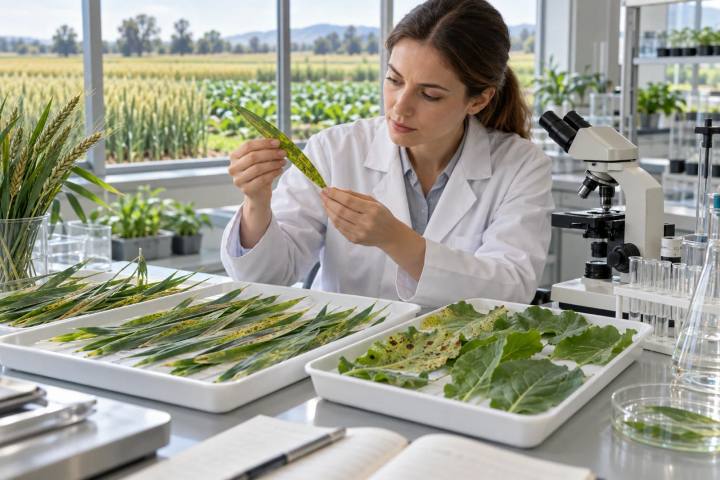 Plant pathologist comparing cereal and broadleaf crop samples showing early fungal leaf symptoms