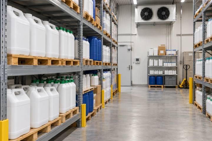 Prateleiras de armazém climatizado e organizado segurando recipientes agrícolas simples e lacrados.