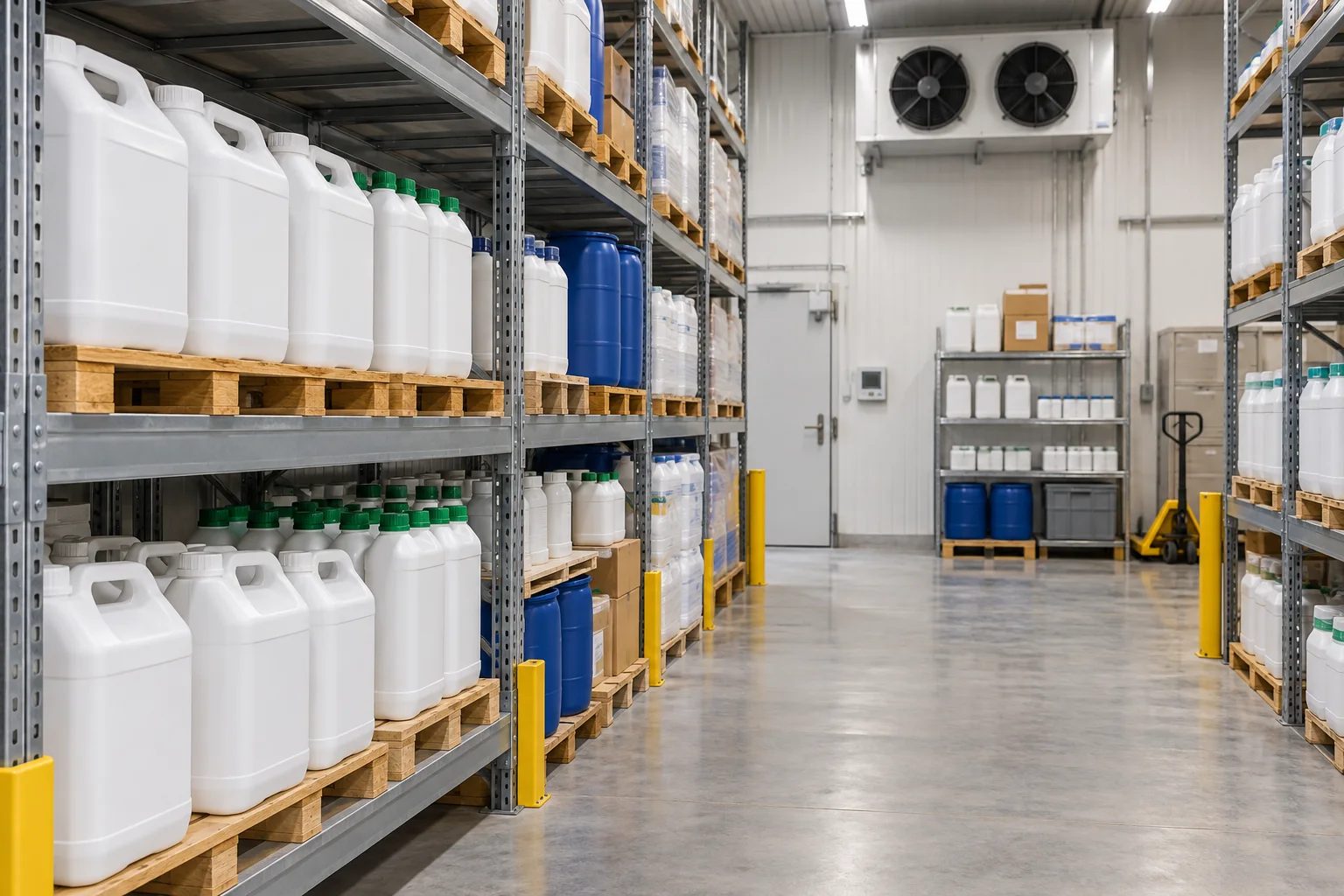 Estantes de almacén ordenados y con control de temperatura que contienen envases de productos químicos agrícolas sellados.