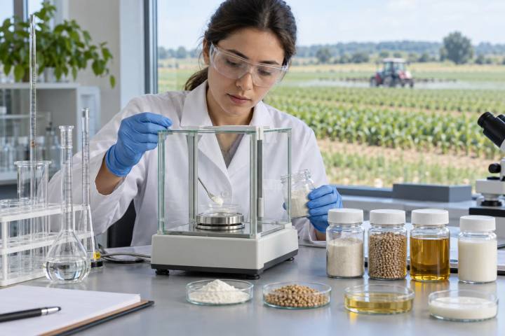 Analytical chemist using calibrated glassware and a precision balance beside formulation samples.