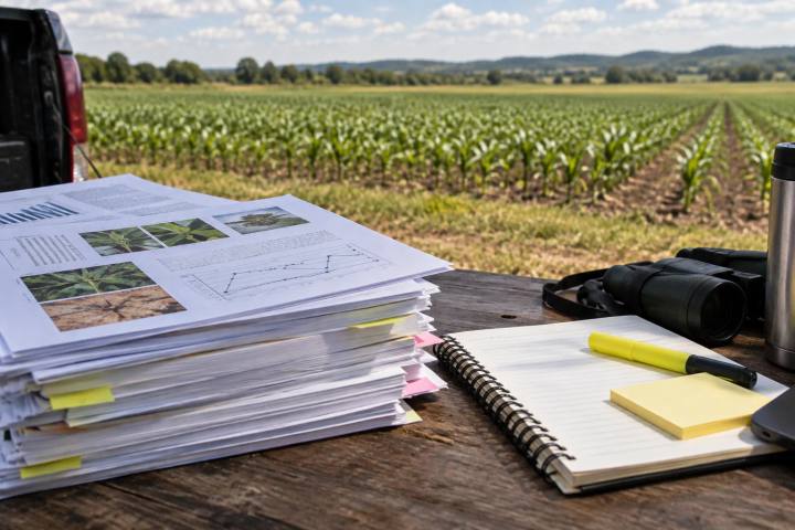 Research papers and highlighted blank notes beside an agricultural field photograph, no readable text.