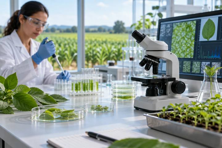 Modern cell-culture and analytical research equipment with crop leaves, no animals.