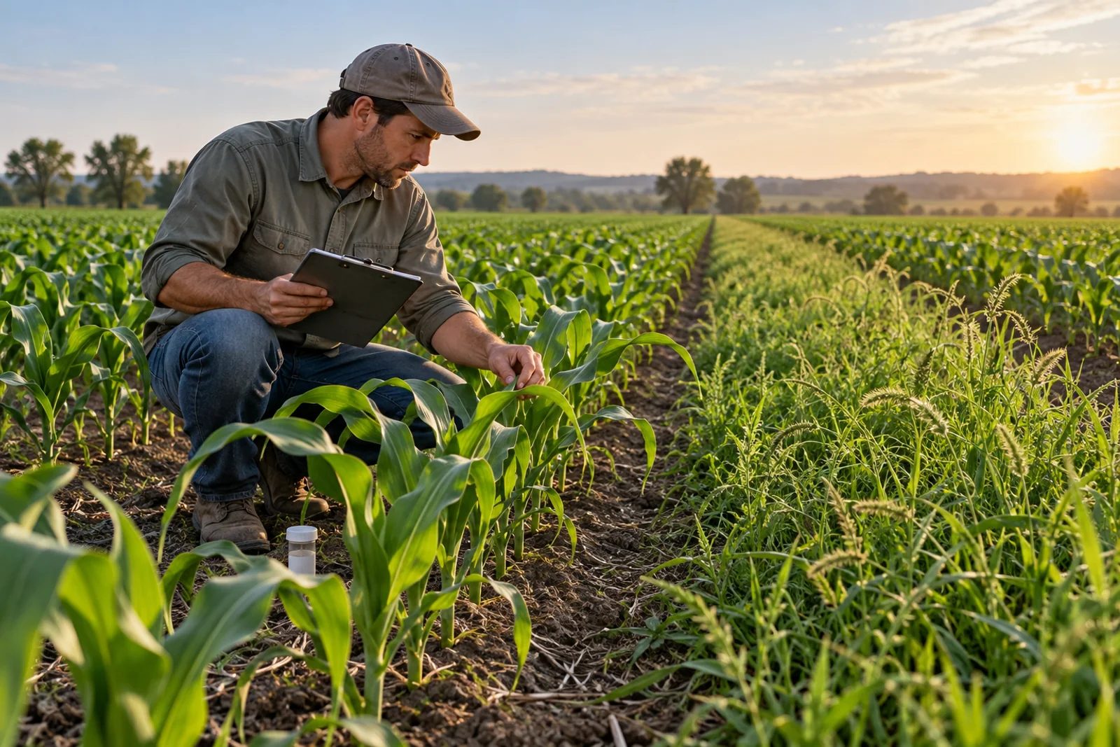 Agronomist comparing maize rows with a grassy-weed assessment strip in a commercial field