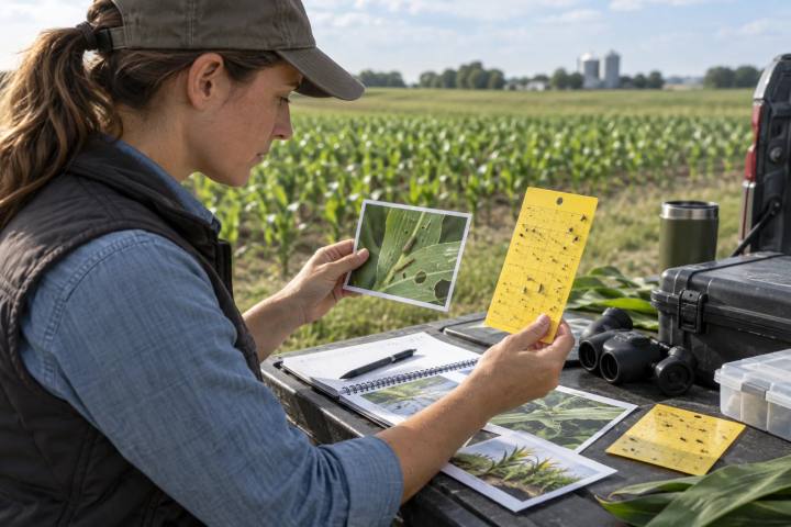 Agrônomo comparando fotografias de observação de plantações e cartões de monitoramento de insetos em uma estação de trabalho ao lado do campo.