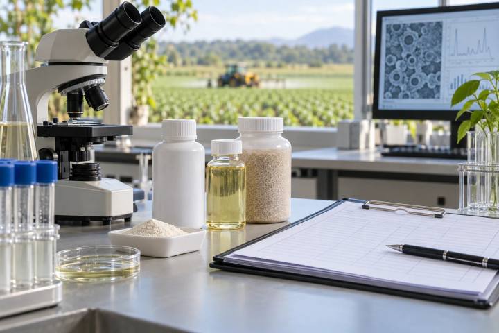 Instrumento de laboratório analítico ao lado de registros em branco de garantia de qualidade e amostras de formulação lacradas.