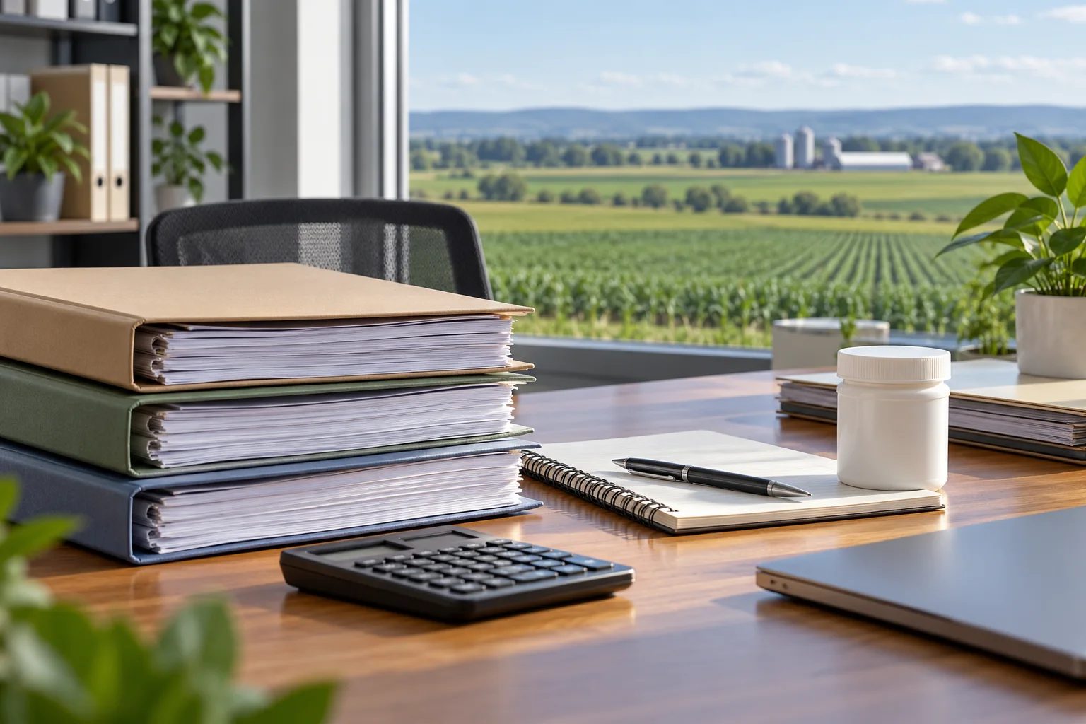 Technical document folders, a notebook and a calculator on an agricultural planning desk