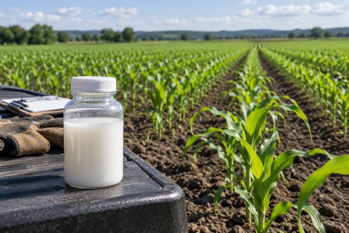Young maize crop in neat field rows with an unbranded suspension concentrate sample in the foreground.