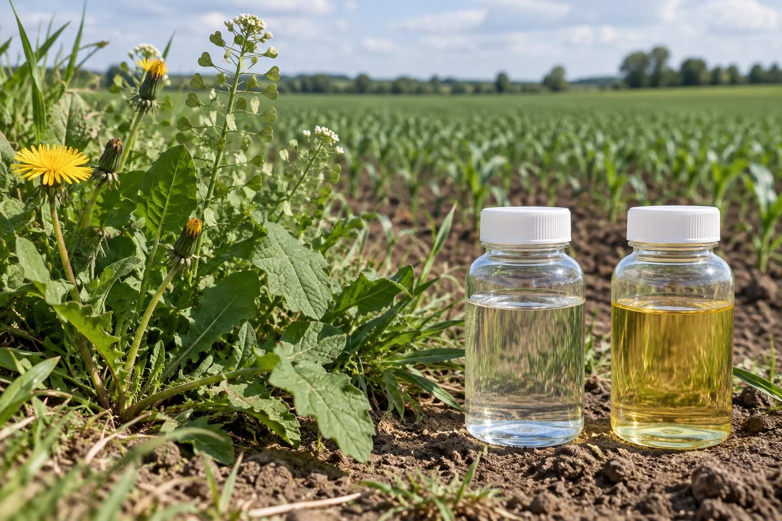 Two unbranded herbicide liquid samples beside broadleaf weeds at a cultivated field edge.