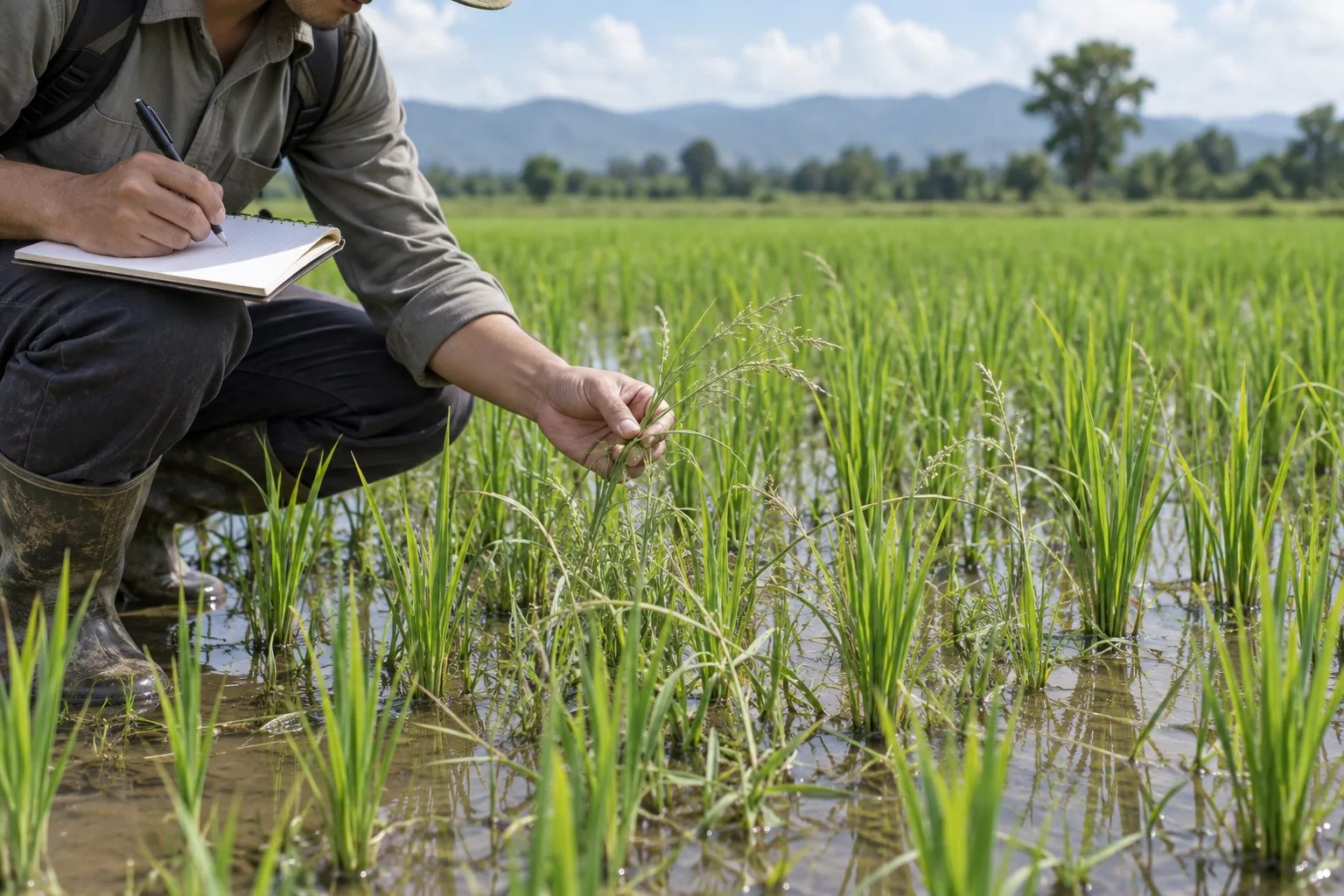 Grass weeds visible among young rice plants in a paddy, with a field scouting notebook.