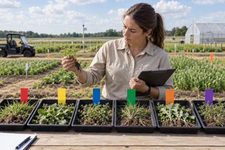 Agrônomo comparando bandejas de amostras de ervas daninhas rotuladas apenas por cor em uma estação de pesquisa de campo, sem palavras legíveis.