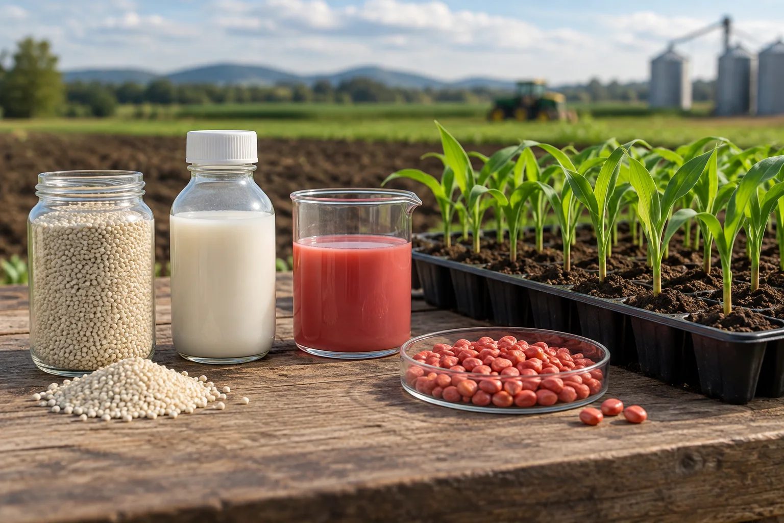 Distinct granule, suspension and seed-treatment sample containers beside a tray of germinating crop seedlings.