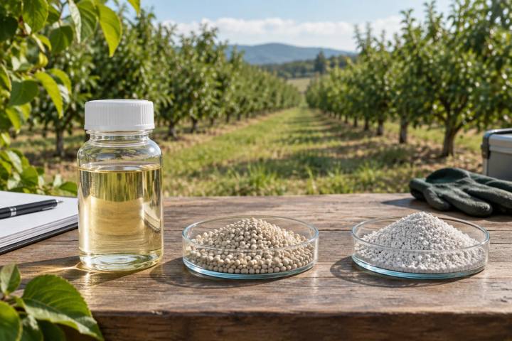 Generic soluble liquid, granule and water-dispersible granule samples on a bench overlooking an orchard row.