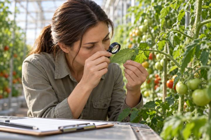 Agrônomo usando uma lupa para inspecionar a parte inferior de uma folha de tomate em uma estufa