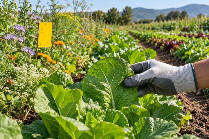 Gloved hand inspecting a vegetable leaf beside a crop monitoring card in a farm field