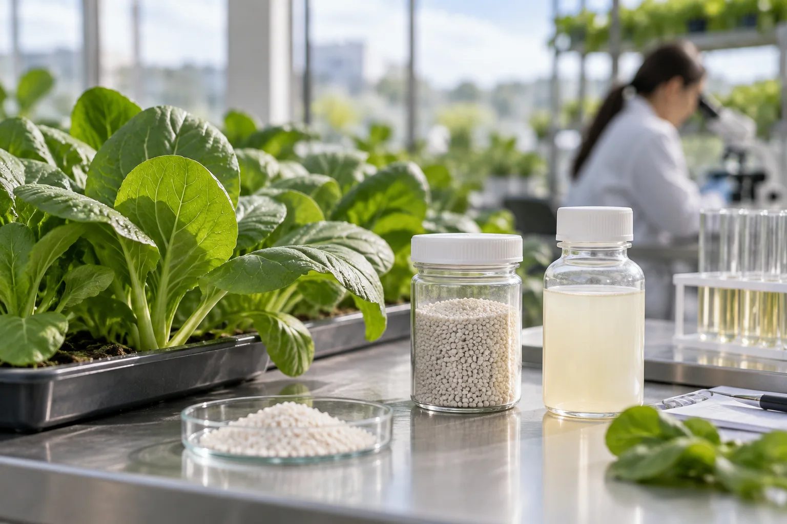 Small granule and liquid sample containers beside leafy vegetable crop foliage in an agricultural testing room.