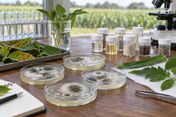 Placas de Petri para fitopatologia, folhas limpas e recipientes de amostra sem marca agrupados separadamente.