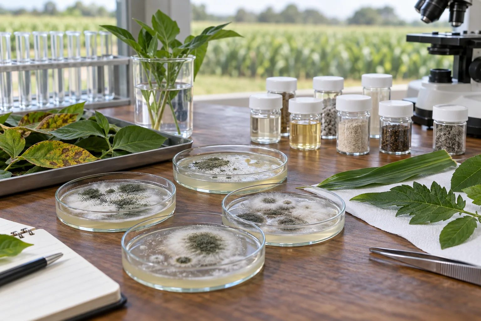 Placas de Petri de fitopatología, hojas de cultivo limpias y envases de muestra sin marca agrupados por separado.