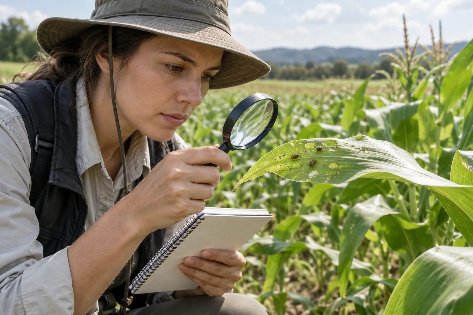 Explorador de campo con cuaderno y lupa inspeccionando actividad de insectos en una hoja de cultivo.