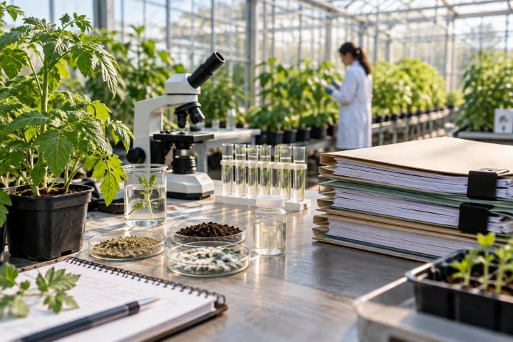 Greenhouse plants beside generic biological research samples and proposal folders.