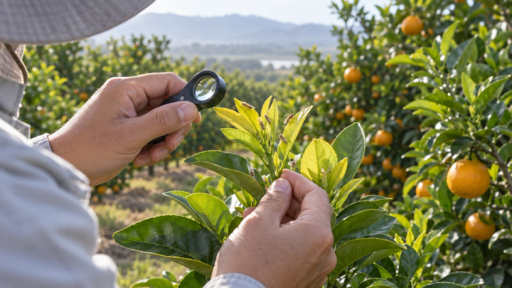 Agrônomo inspecionando psílidos asiáticos de cítricos em novo flush cítrico em um pomar