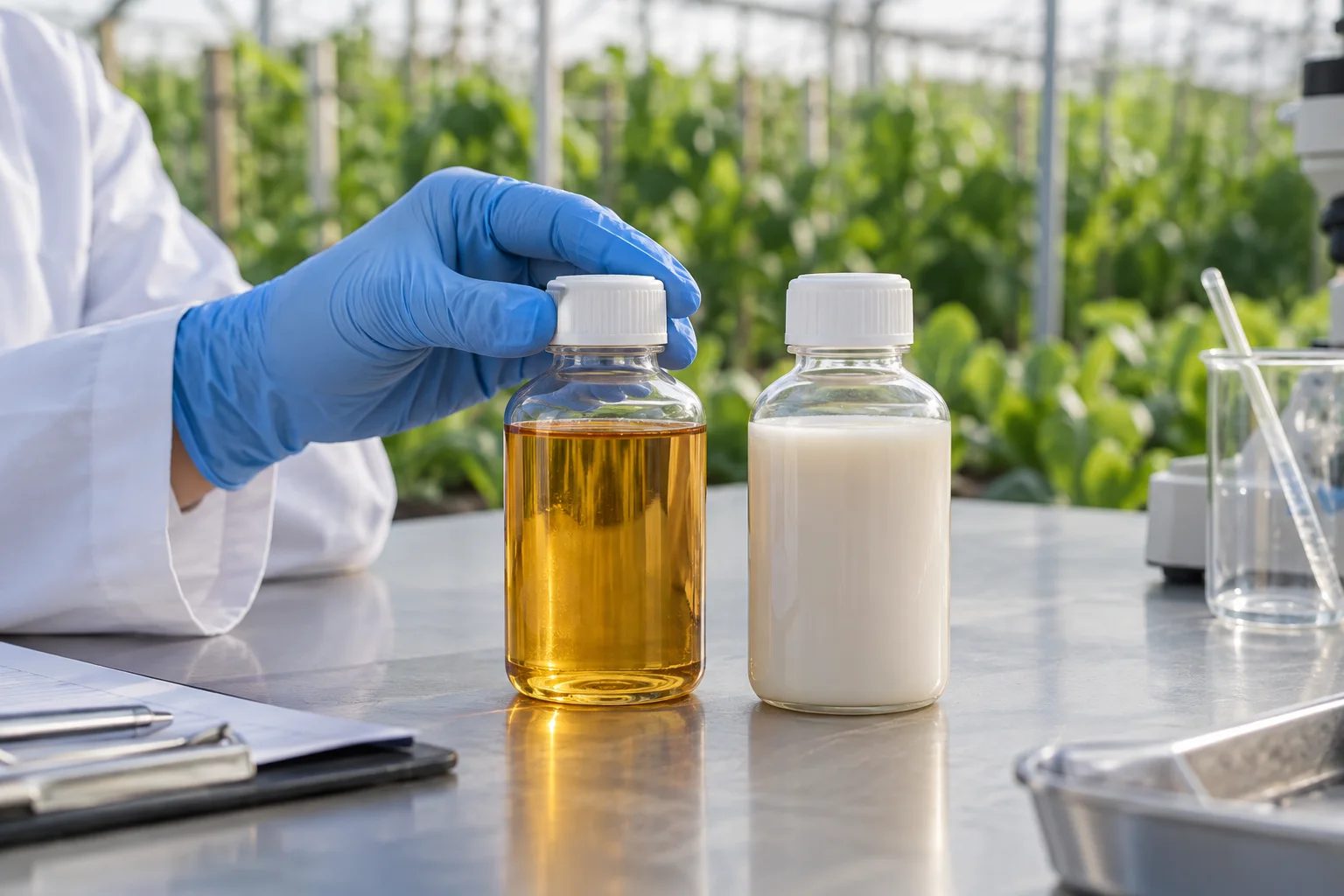 Two generic formulation sample bottles, one amber liquid and one opaque suspension, on a greenhouse quality-control bench.