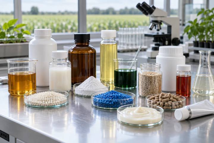 Múltiplas formas distintas de formulação genérica em frascos de vidro e opacos sobre uma bancada de laboratório limpa.