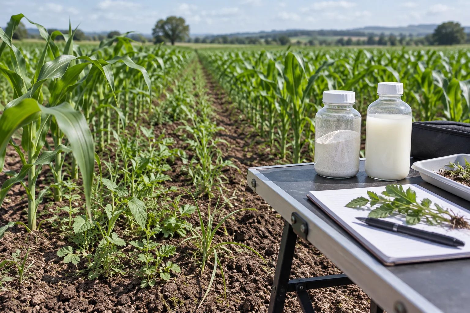 A maize field with emerging weeds in the row and two unbranded formulation samples on a field table.