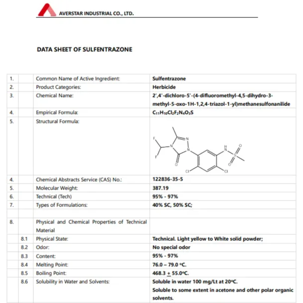 Sulfentrazone 95% TC Herbicide product packaging