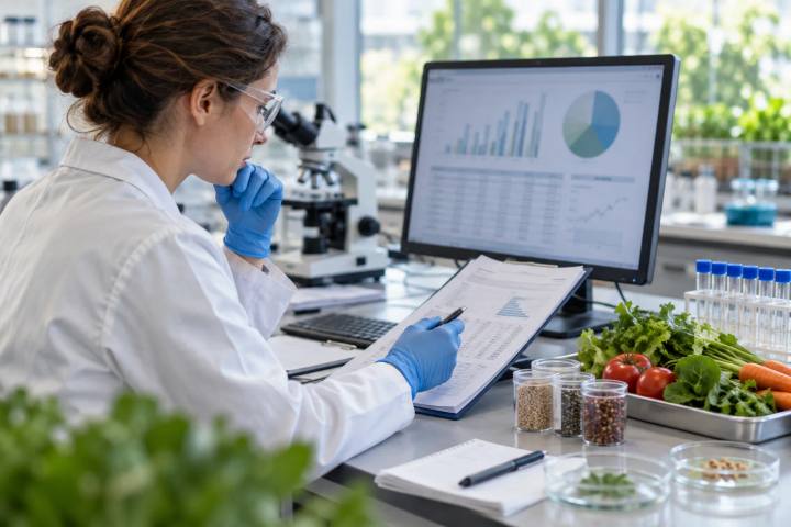 Рецензент научных данных изучает размытые карты и записи сельскохозяйственных образцов на лабораторном рабочем месте.